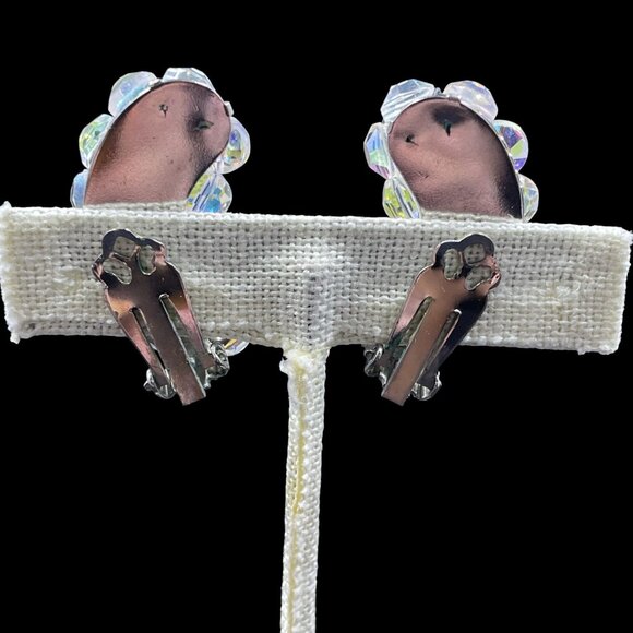 Vintage Iridescent Beaded Clip On Earrings Coquette Retro Statement Glam Sparkle - Picture 5 of 6